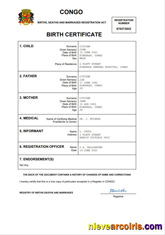 Congo vital record birth certificate